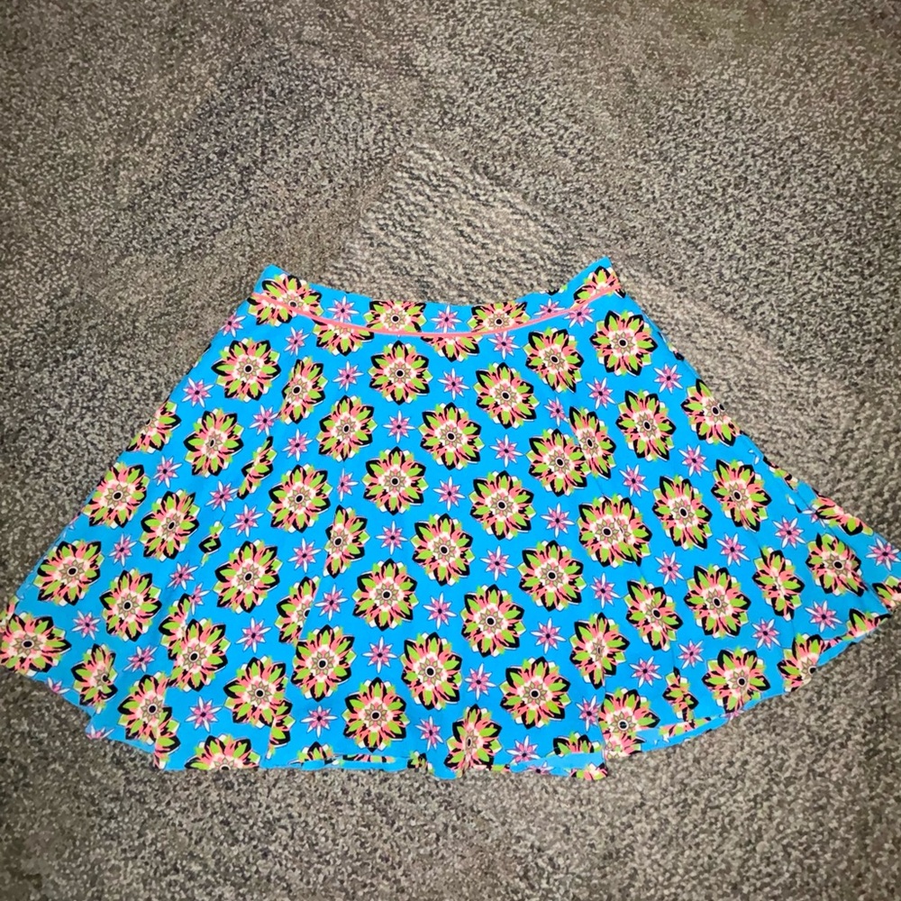 FLYING TOMATO turquoise neon floral print skater flare mini skirt size L EUC.